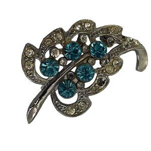 Vintage Womens Blue Flower Rhinestone Brooch Pin Silver Plated One Stone Is Miss